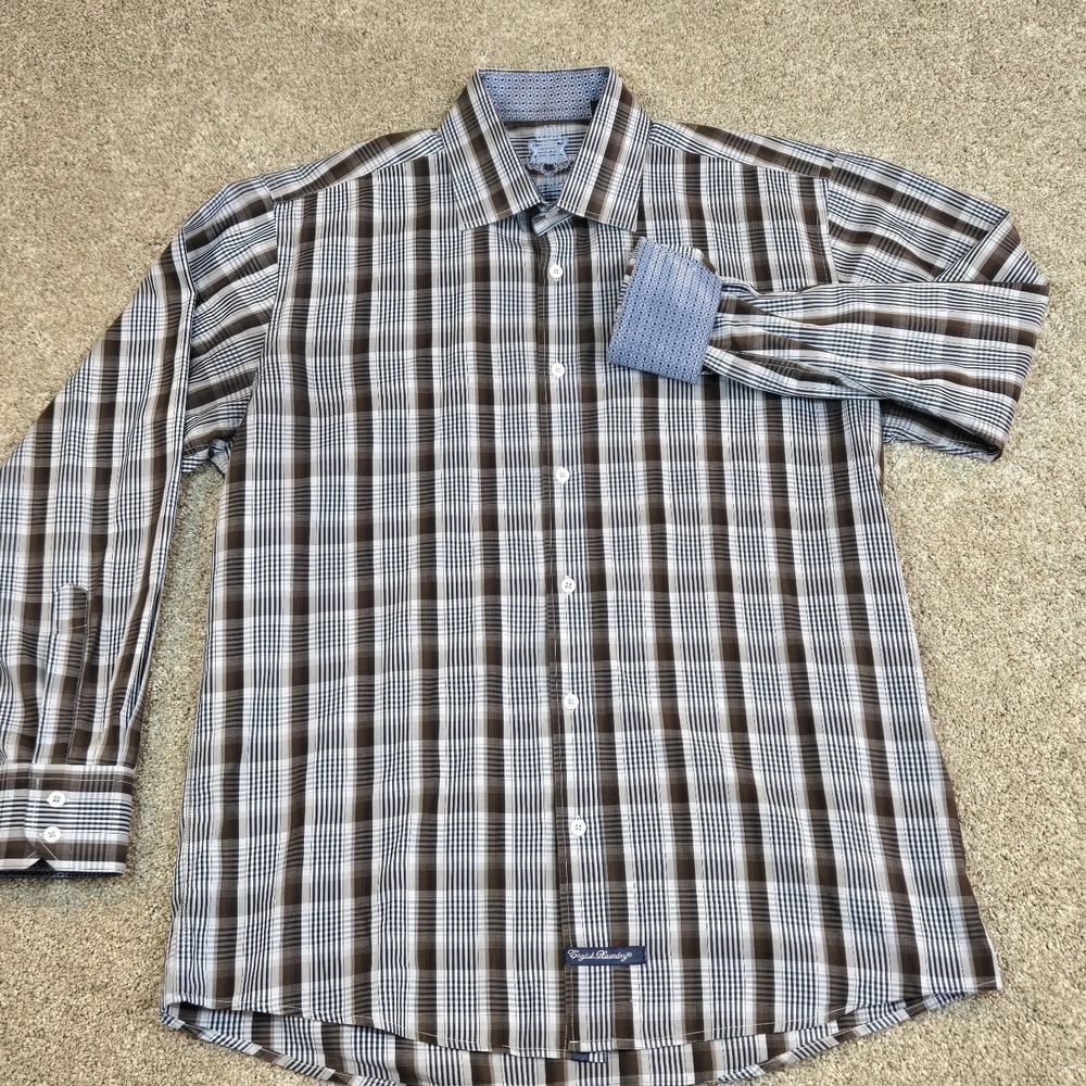 English Laundry Mens Size 16 1/2 34/35 Button Down Shirt‎ Brown Blue Plaid